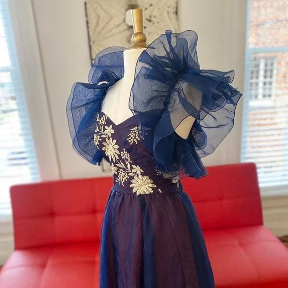 Vintage Navy Purple Organza Prom Gown Embroidered Ruffle Off Shoulder Dress Sz S - Picture 3 of 8